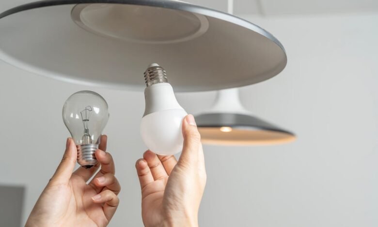 Hands holding an old incandescent bulb and a new LED bulb near a light fixture.
