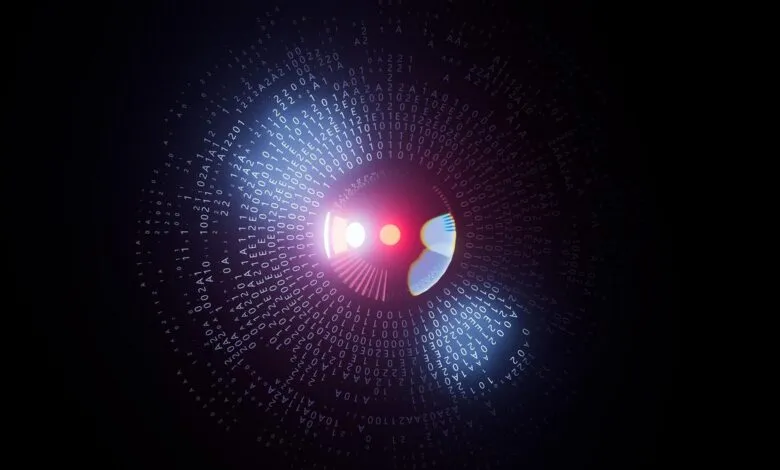Abstract digital eye with binary code and glowing red pupil.
