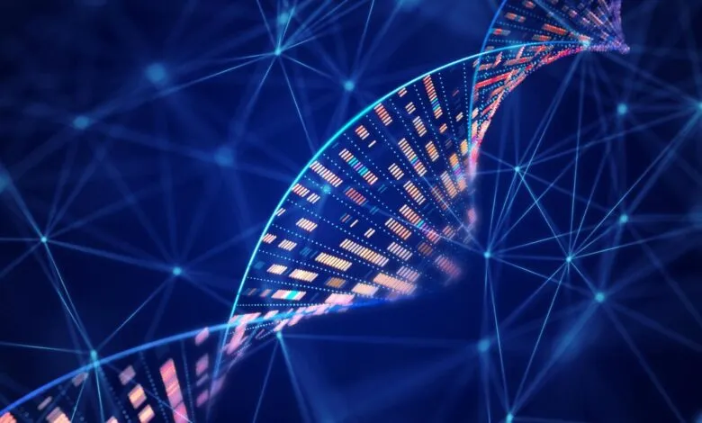 A glowing DNA helix with a network of blue lines and nodes in the background.