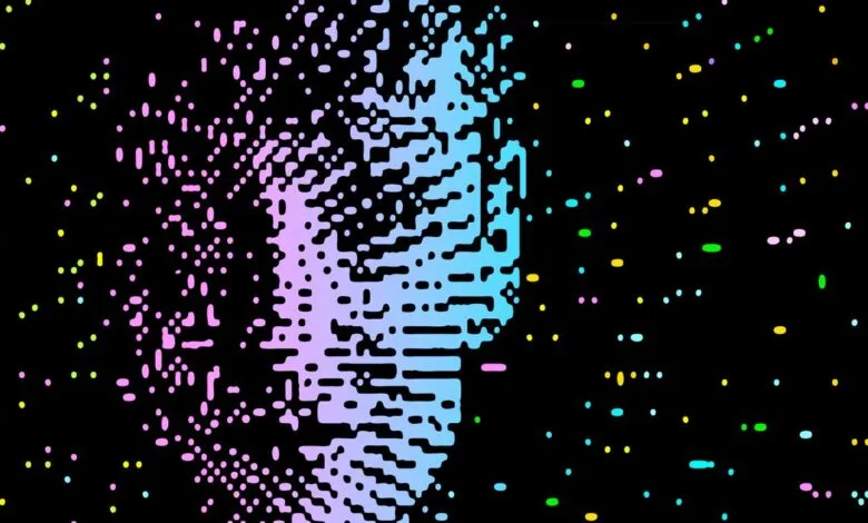 Abstract pixelated face fading into colorful dots on a black background.