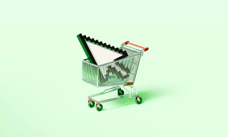 Shopping cart filled with a large computer cursor on a light green background.