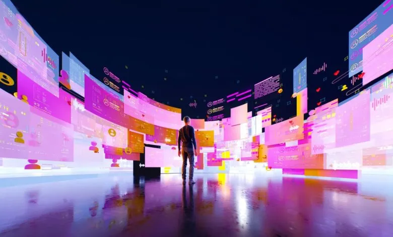 Man standing in a futuristic room surrounded by glowing digital screens with data visualizations.