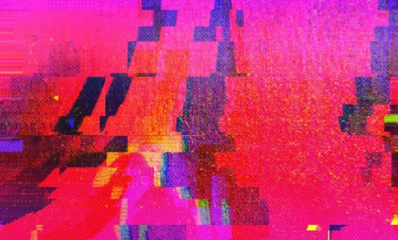 Abstract glitch art with vibrant pink, red, and black geometric shapes.