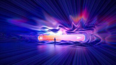 A lone figure stands before a glowing portal labeled 'AI...' with an arrow indicating forward movement.