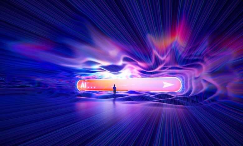 A lone figure stands before a glowing portal labeled 'AI...' with an arrow indicating forward movement.