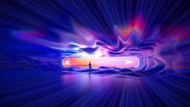 A lone figure stands before a glowing portal labeled 'AI...' with an arrow indicating forward movement.