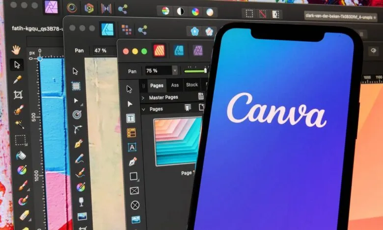 Canva app displayed on a smartphone screen with design software open on a laptop.
