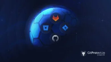 Abstract globe with software development icons and GitProtect.io logo.