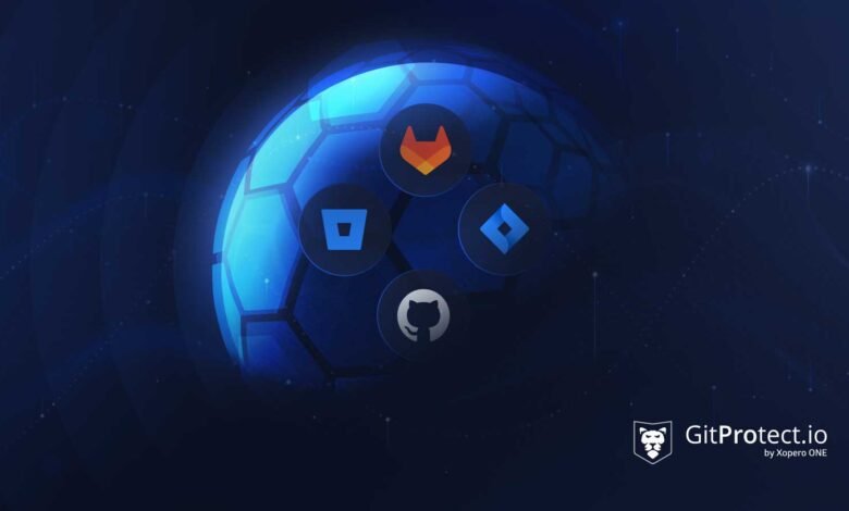 Abstract globe with software development icons and GitProtect.io logo.