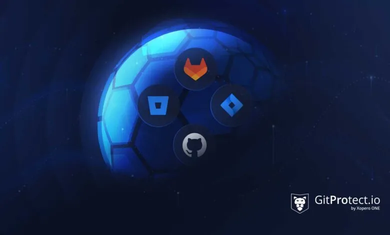 Abstract globe with software development icons and GitProtect.io logo.