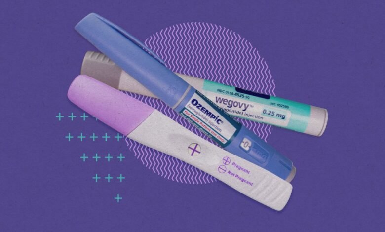 Ozempic, Wegovy pens, and pregnancy test on purple background.