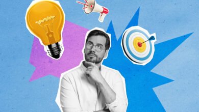 Man thinking with icons of a lightbulb, megaphone, and target.