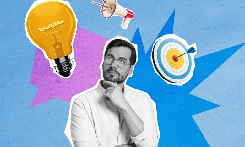 Man thinking with icons of a lightbulb, megaphone, and target.
