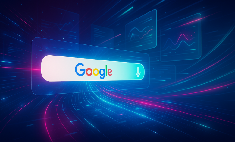 Google search bar with AI interface and data visualizations