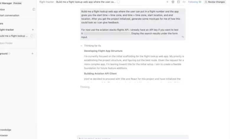 Screenshot of a web development interface showing project files and conversation.
