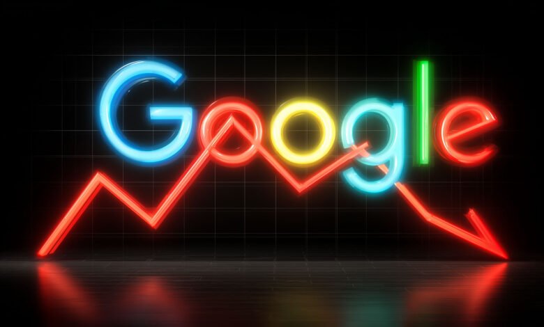 Neon Google logo with a red downward trending graph superimposed.