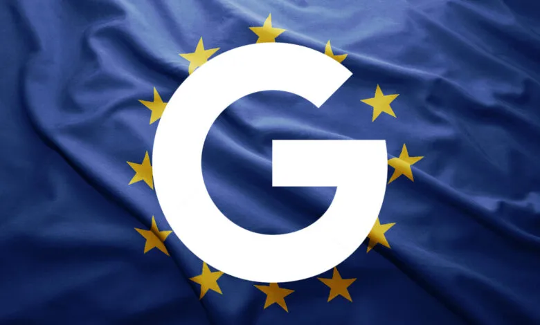 The Google logo superimposed on the European Union flag.