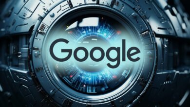 The Google logo is displayed within a futuristic, metallic eye-like structure with glowing blue circuits.