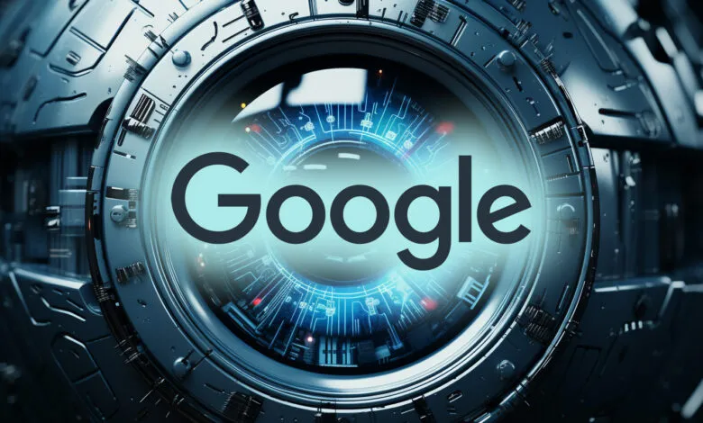 The Google logo is displayed within a futuristic, metallic eye-like structure with glowing blue circuits.