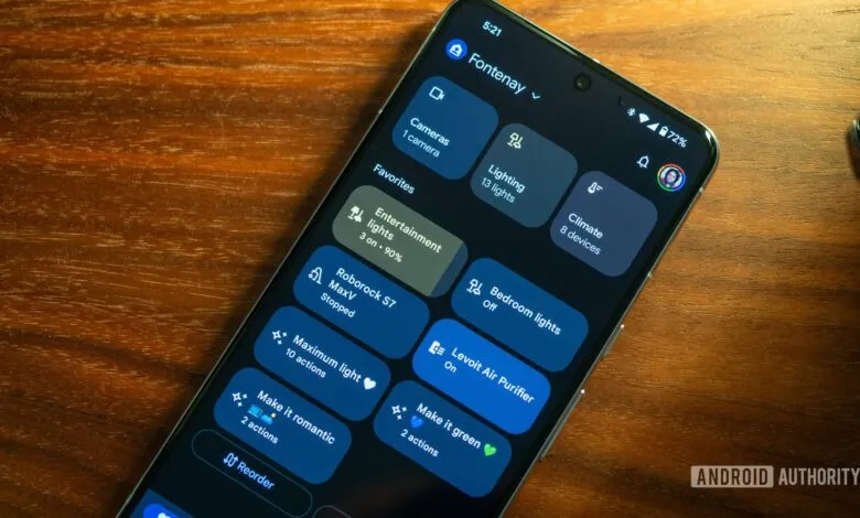 Smartphone displaying the Google Home app interface with smart home device controls.