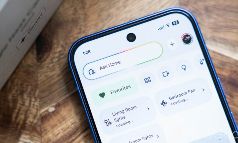 Close-up of a smartphone displaying the Google Home app interface with 'Ask Home' prompt.