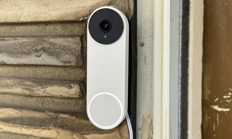 Google Nest Doorbell (Wired) mounted on a brick wall.