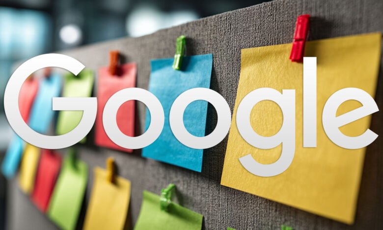 Google logo overlaid on colorful sticky notes attached to a gray board.