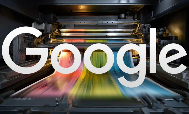 The Google logo superimposed over a high-speed printing press with colorful paper streams.