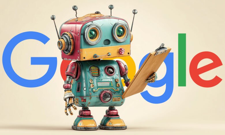 Retro robot holding a clipboard in front of the Google logo.
