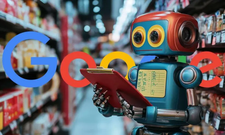 A retro-style robot with a clipboard stands in front of Google logo in a grocery store aisle.