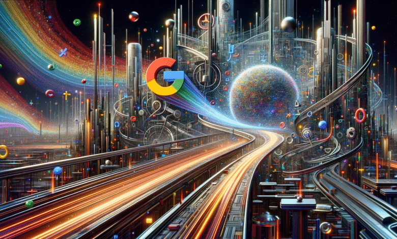 Google logo with a rainbow stream flowing through a futuristic cityscape with glowing lights.