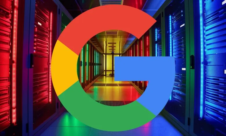 Google logo overlayed on a server room, symbolizing data and technology.