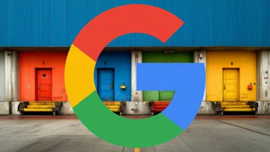 Google logo superimposed over a row of colorful warehouse loading docks.
