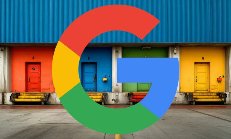 Google logo superimposed over a row of colorful warehouse loading docks.