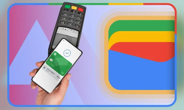 A hand holds a smartphone displaying Google Pay, with a payment terminal in the background.