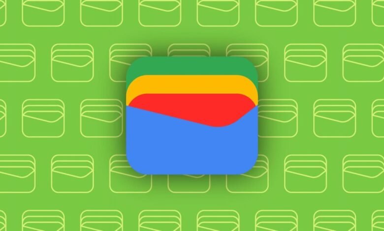 Google Wallet logo with a green background pattern of wallet icons.