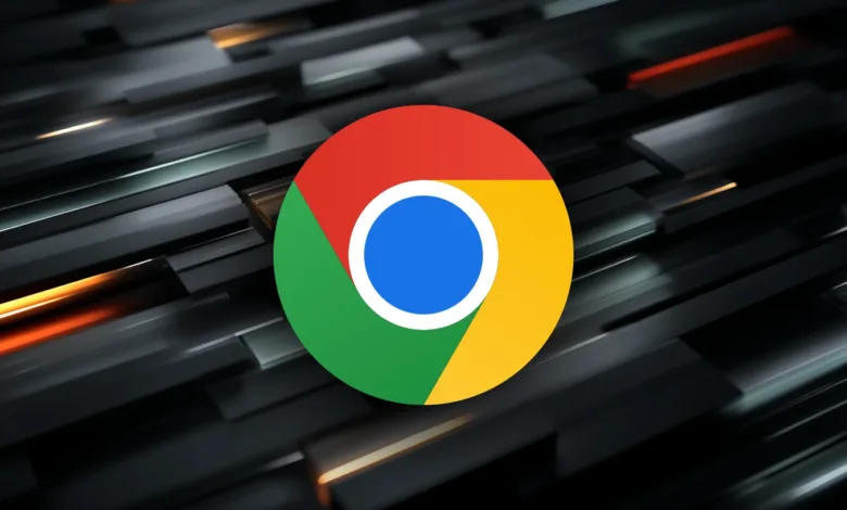 Google Chrome logo centered on a dark, abstract background with metallic textures and orange light.