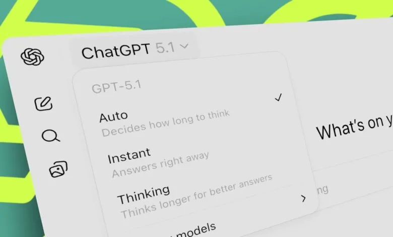 Close-up of ChatGPT interface showing model selection options like GPT-5.1, Auto, Instant, and Thinking.