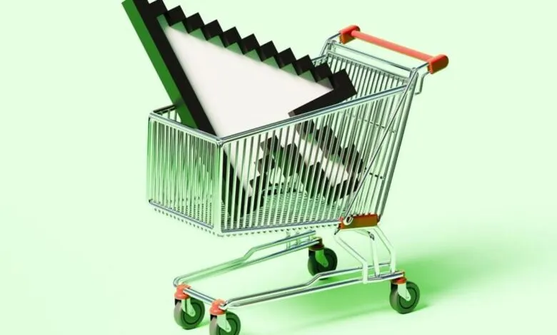 A 3D render of a shopping cart with a large cursor arrow inside.