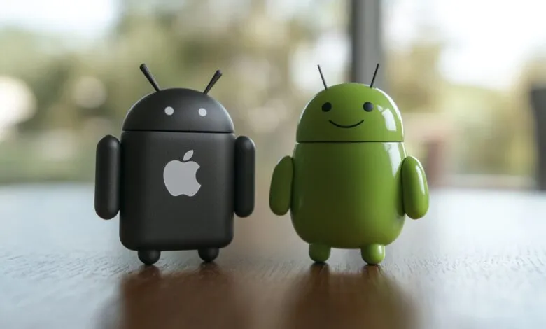 Android figurines: one black with Apple logo, one green with a smile.