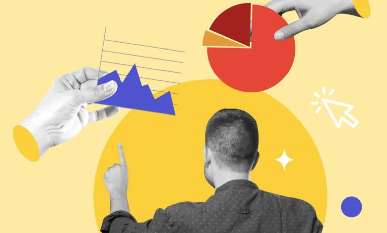 Man pointing at a graph and pie chart with hands manipulating data visualizations.