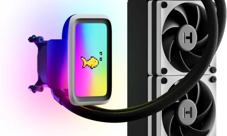 High-end liquid CPU cooler with customizable LCD screen and dual fans.