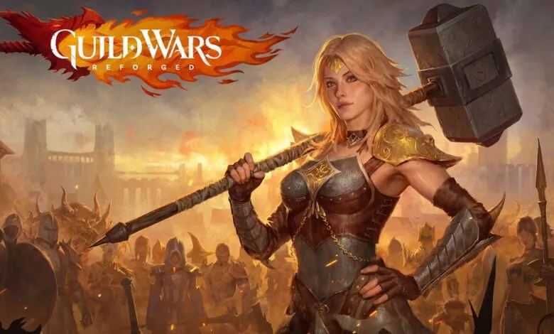 A female warrior with a hammer stands before an army, with the Guild Wars Reforged logo above.
