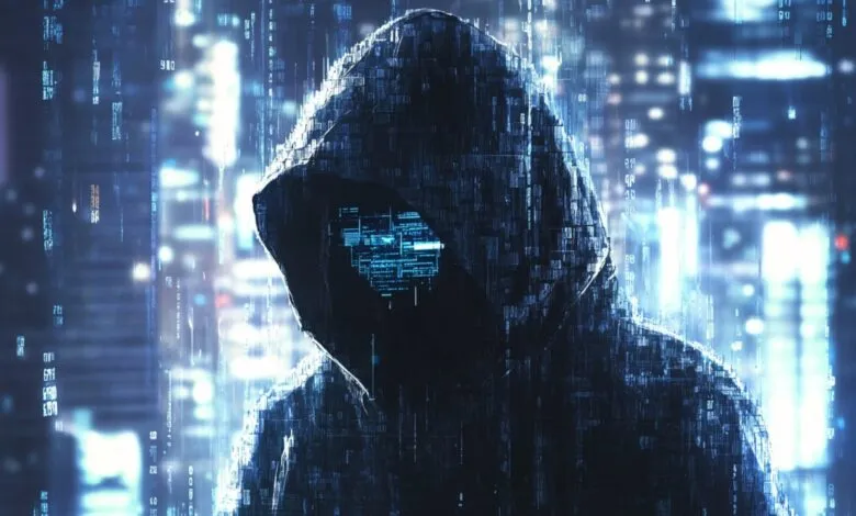 A hooded figure with a digital face displaying code, set against a blurred city background.