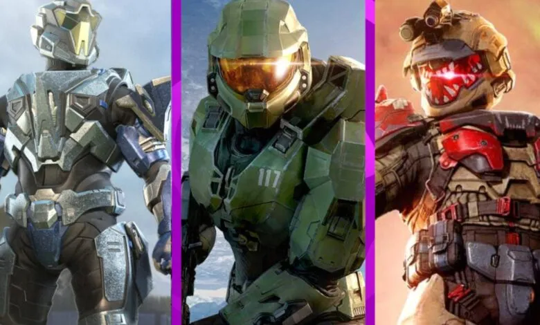 Three different Halo Infinite Spartan armors shown in a vertical split image.