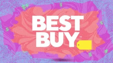 Best Buy logo with a yellow price tag and dollar signs on a colorful background.