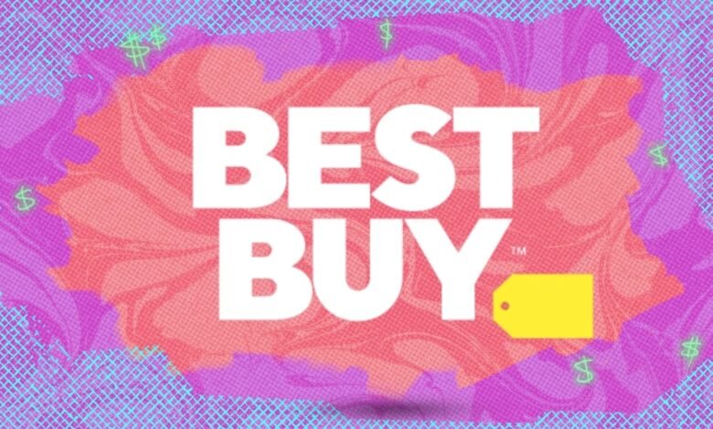 Best Buy logo with a yellow price tag and dollar signs on a colorful background.