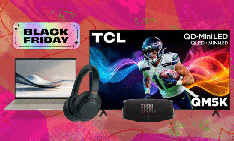 Black Friday sale featuring electronics: ASUS Zenbook laptop, Sony headphones, JBL speaker, and TCL TV.