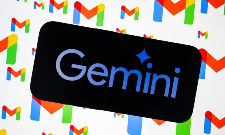 Gemini logo on phone screen with Gmail icons in background.