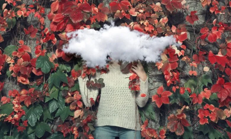 Person with a cloud obscuring their head, surrounded by red and green ivy.